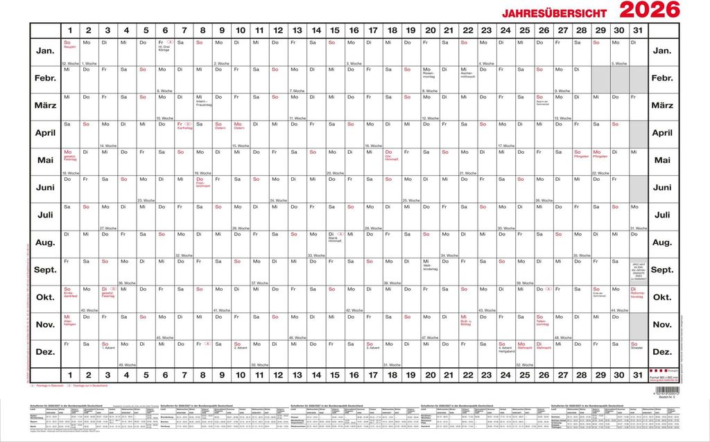 2026 Güss Jahresübersicht Hochformat A1 im Versandrohr Produktbild 