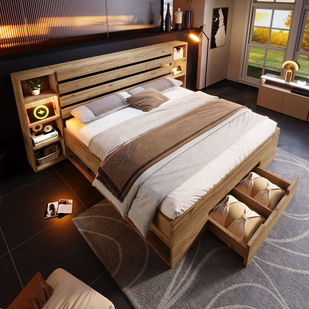 A bedroom scene featuring a wooden double bed with integrated storage and lighting.