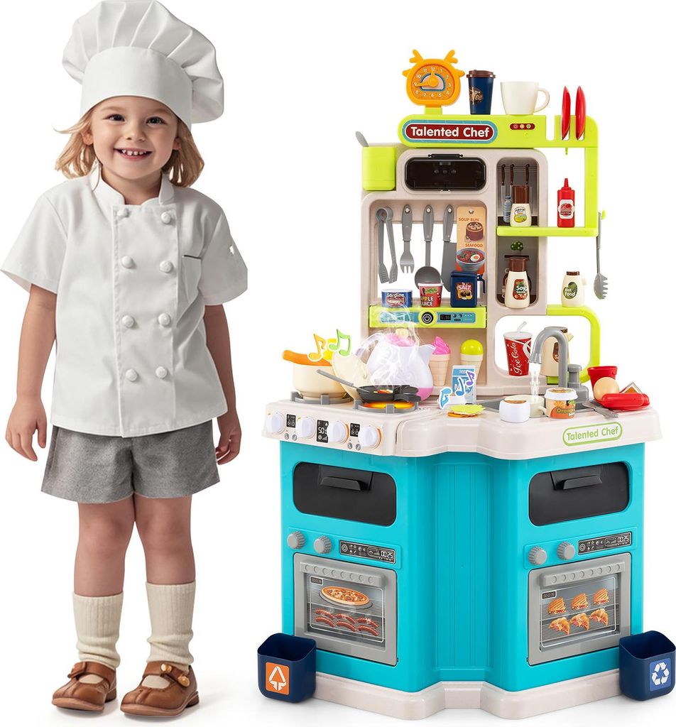 COSTWAY Kinderküche, Puppenküche mit 113 Zubehör, Licht, Sound, Dampf, Kochherd, Spüle & Wasserfunktion, Spielzeugküche Spielküche für Kinde...