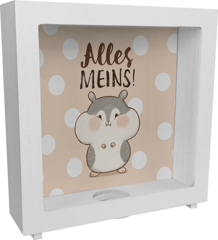 Hamster Rahmen Spardose aus Holz mit Spruch Alles meins Produktbild 