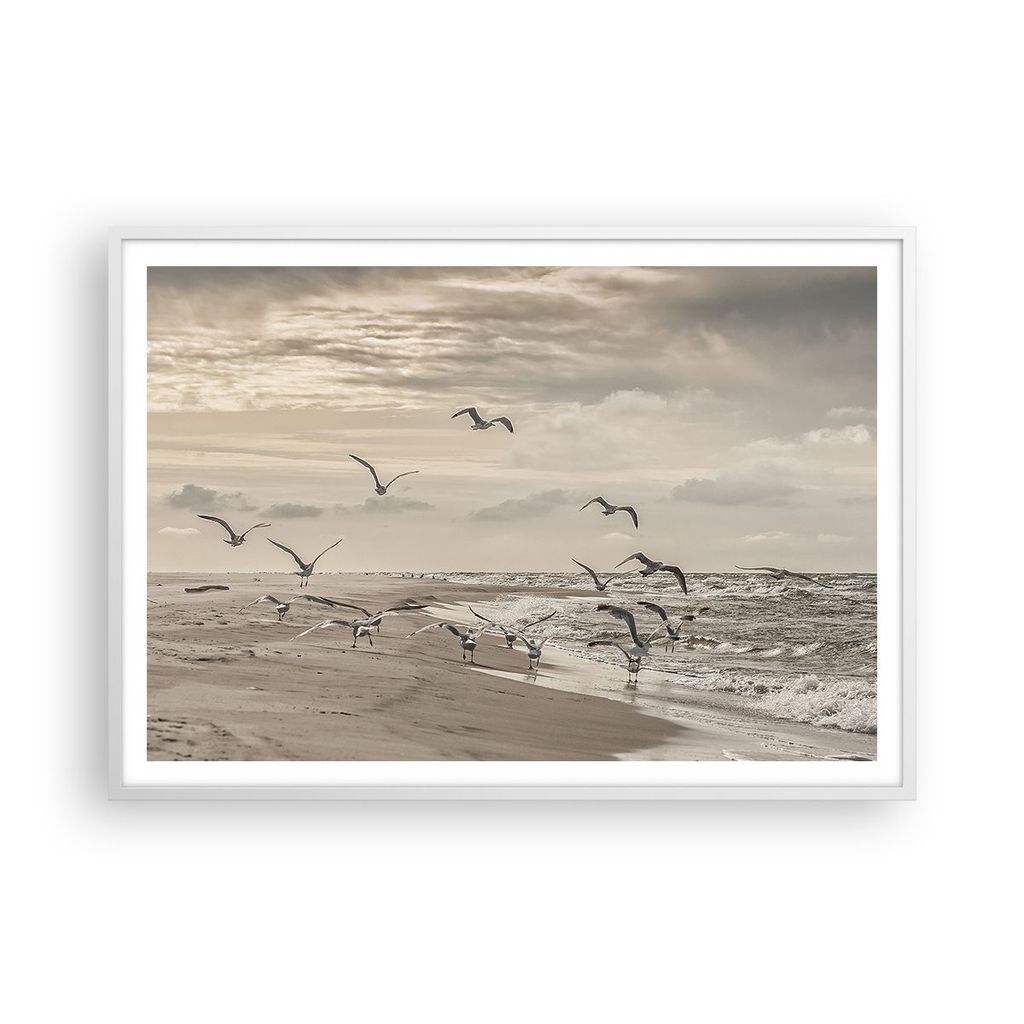 Gerahmtes Poster - Weißer Rahmen - Möwen Küste Boho - 100x70 cm - Wand Bild - Wanddeko - Wandbilder - Kunstposter - Wandposter - Bilderrahmen - ...