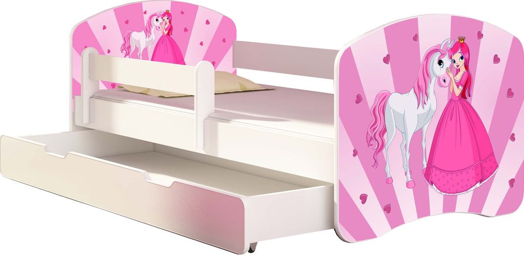 ACMA Jugendbett Kinderbett Junior-Bett Komplett-Set mit Matratze Lattenrost und Rausfallschutz Weiß 08 Princess 140x70 + Bettkasten