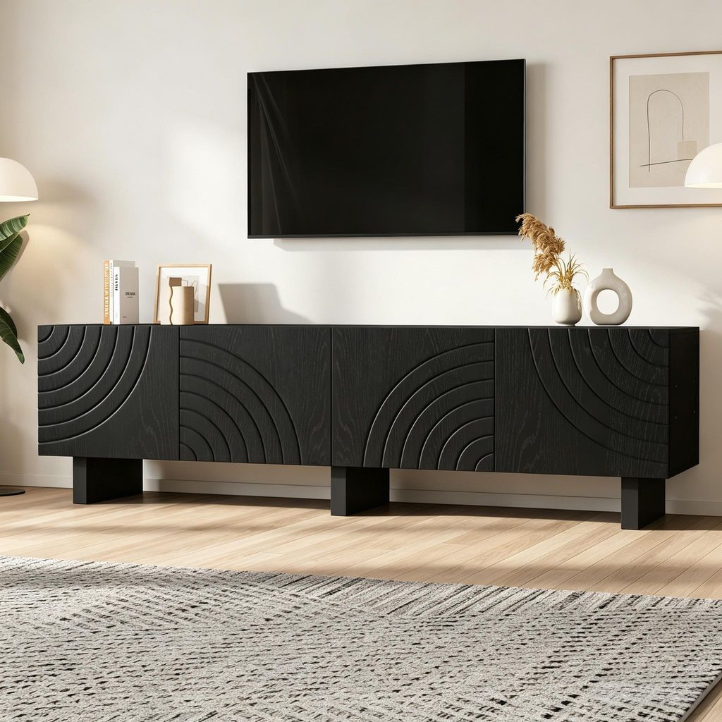 okwish Schwarzes TV-Schrank mit 4 Türen,TV-Lowboard mit Stauraum,Wohnzimmerschränke, minimalistischer Stil, für 75-Zoll-Fernseher