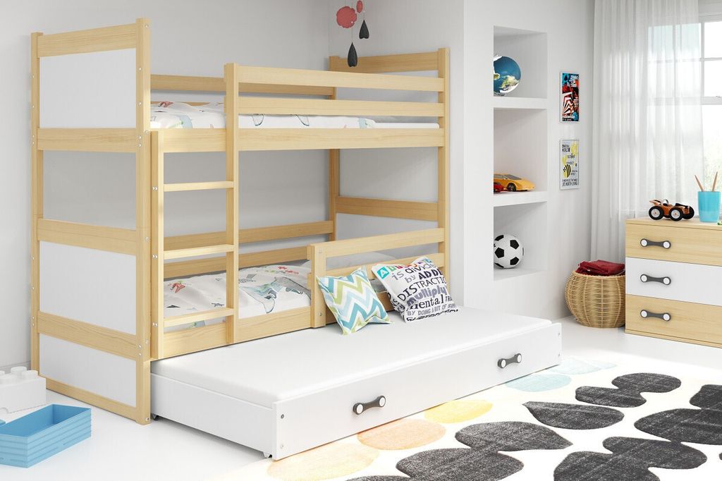 Kinderhochbett mit Zustellbett ohne Matratzen 80x160 FERGUS – Kiefer / Weiß
