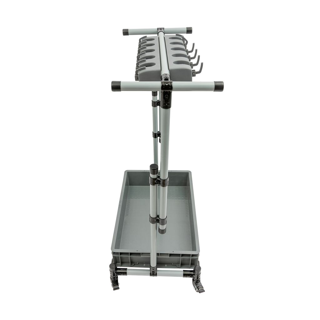 A cleaning tool cart with a tray and holders for brooms and mops, shown against a white background.