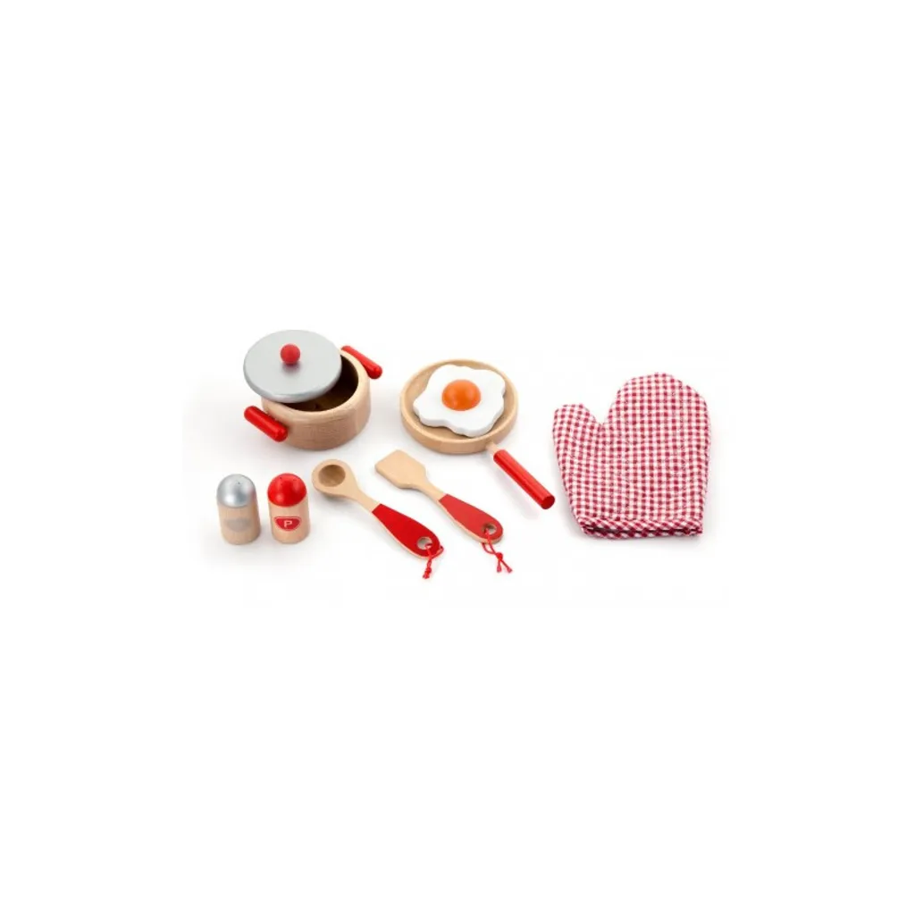 Viga Toys Set de cuisine rouge 9 pièces en bois pour enfant dès 3 ans