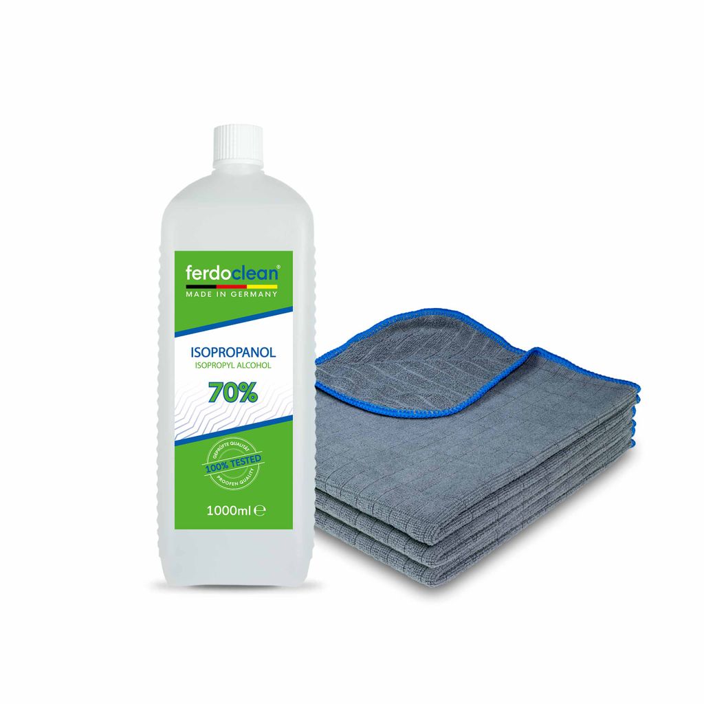 ferdoclean Isopropanol 70% 1L Isopropylalkohol (IPA) 2-Propanol + 3 x Microfasertücher 380GSM 40 x 40 cm blauer Rand