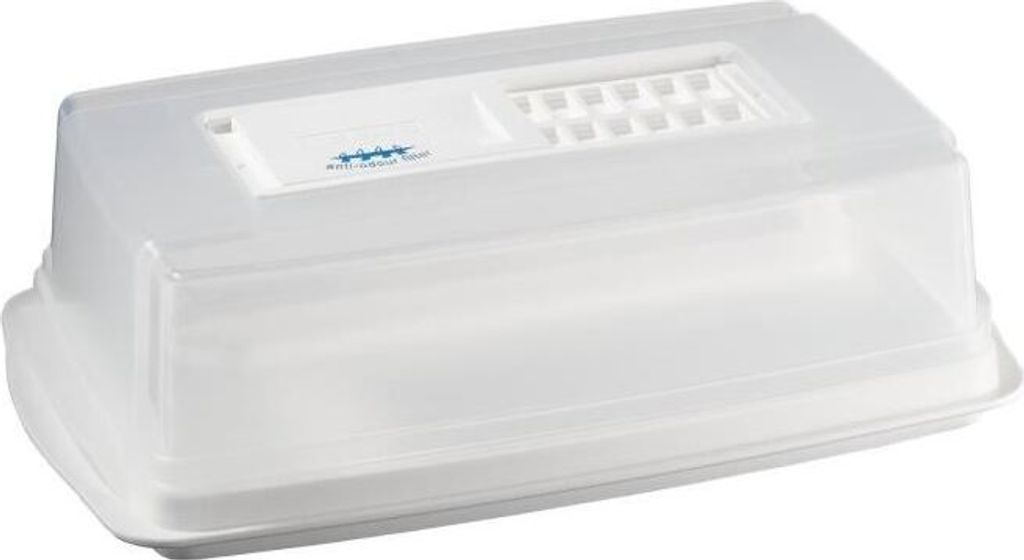A clear, professional studio shot of a white plastic food container with a transparent lid.