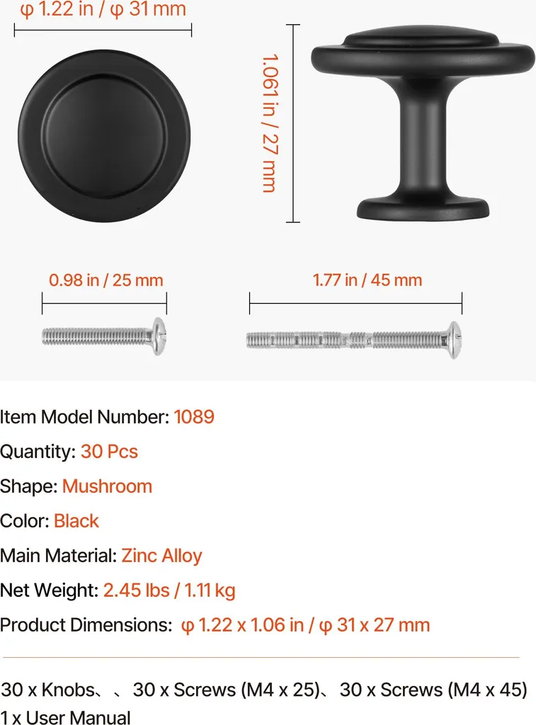 Poignées de Meubles pour Salle de Bain et Cuisine, Zinc Noir 31 mm