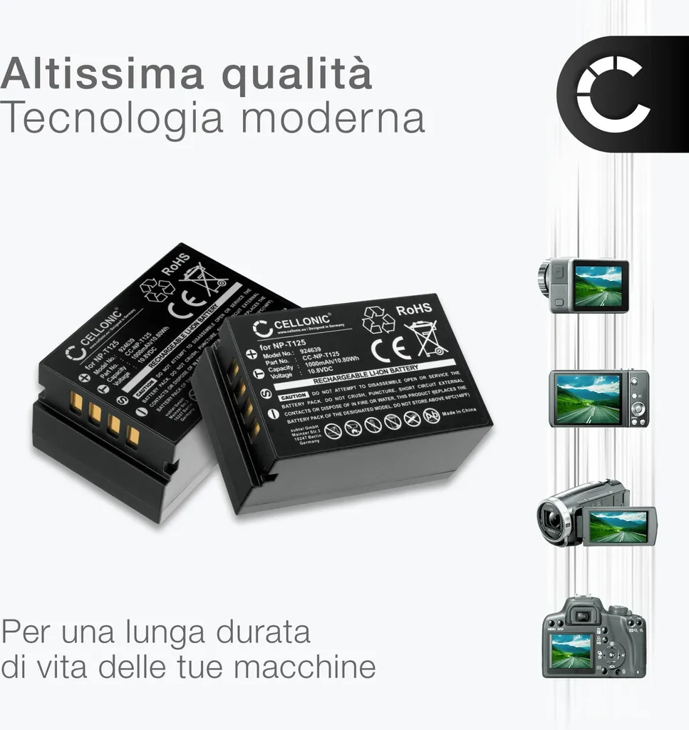 subtel, Batteria per Fotocamera, compatibile con Fuji Fujifilm GFX 50S, NP- T125, 100, GFX100, 50R (10.8V, 1000mAh) 2 Pezzi