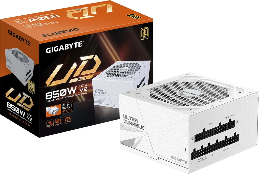 GIGABYTE UD850GM PG5 V2 ICE Alimentatore – PCIe Gen 5.1, 80 PLUS Gold, Design completamente modulare, Ventola da 120 mm, Compatibile con ATX 3.1, Spina EU