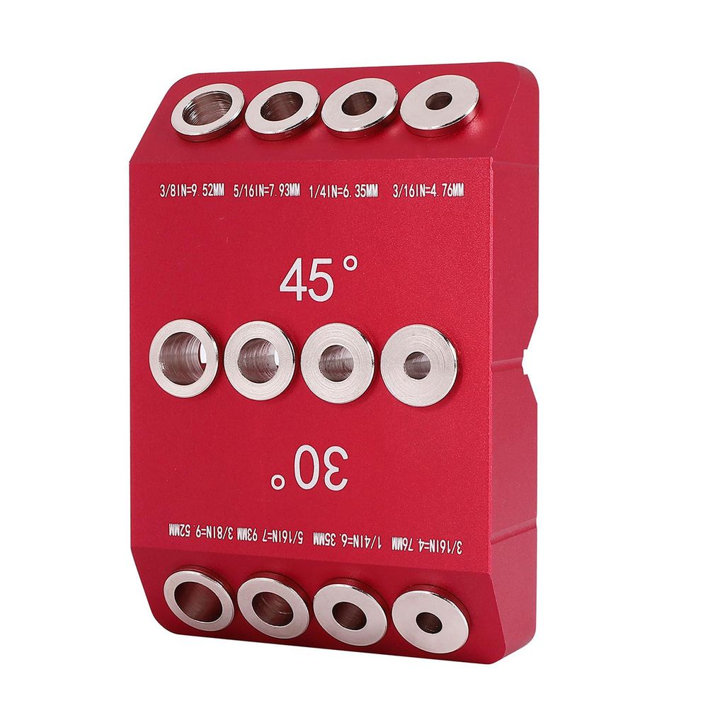 A red metal jig for drilling holes at specific angles.