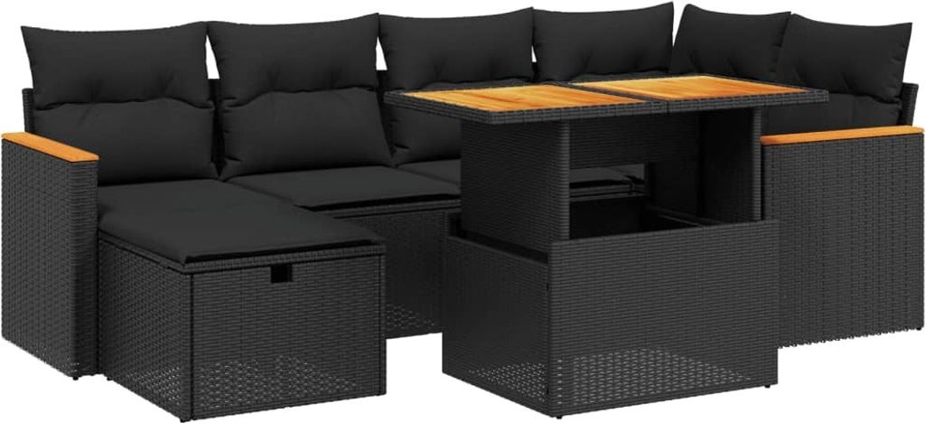 vidaXL 7-tlg. Garten-Sofagarnitur mit Kissen Schwarz Poly Rattan