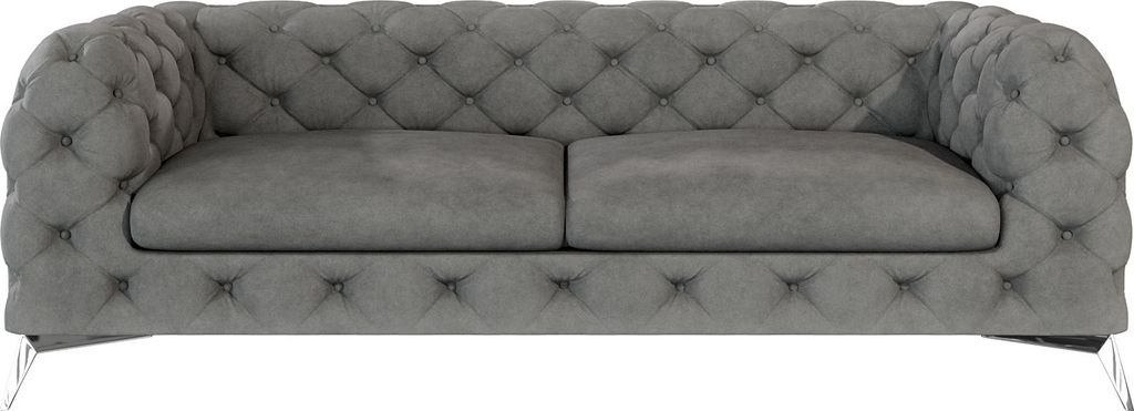 S-STYLE MÖBEL - Chesterfield Sofa 3-Sitzer Cleo mit Silber Metall Füßen aus Grau Samtstoff, B/T/H: 225 cm/ 100 cm/ 75 cm