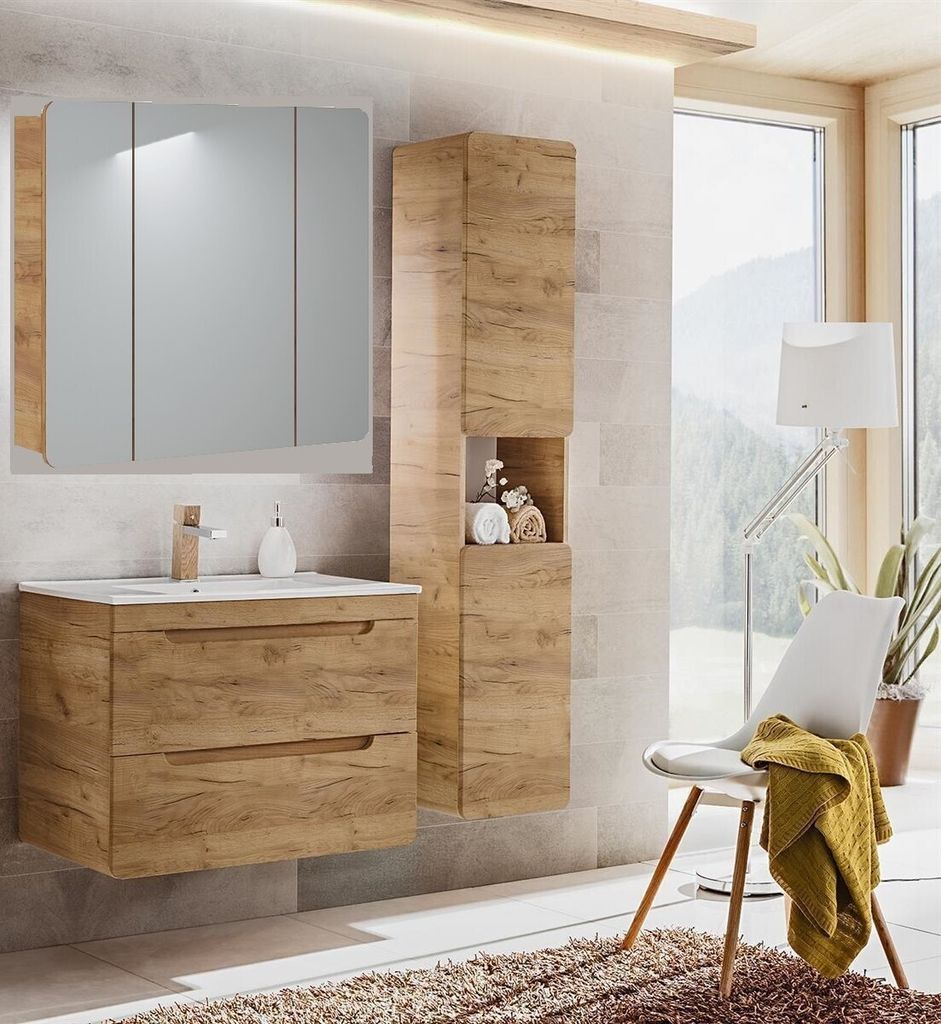 Badmöbel Set ARUBA EICHE-S 80 cm mit Keramikwaschbecken SOFT-CLOSE MATT Waschtisch Spiegelschrank Hochschrank