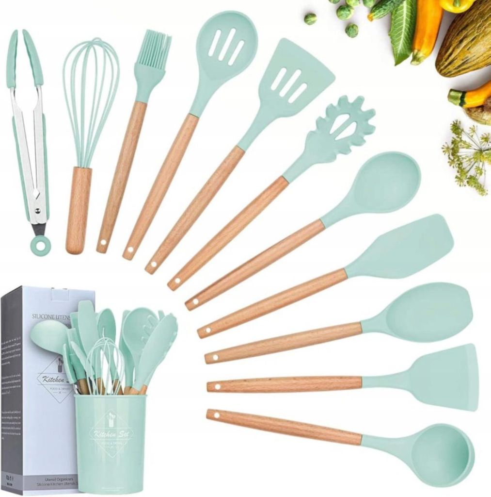 Küchenhelfer Set 12 teilig Silikon Bambus mint kratzfrei hitzebeständig Halter Küche Zubehör