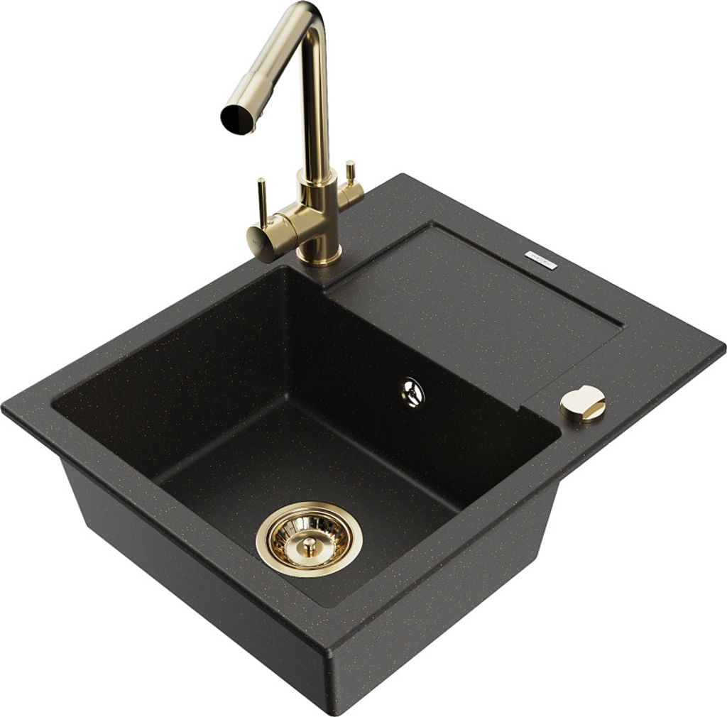 Mexen Enzo 1 Becken-Granitspüle mit Abtropffläche und Mischbatterie Duero, Schwarz/Gold metallisch - 6506-75-671600-50