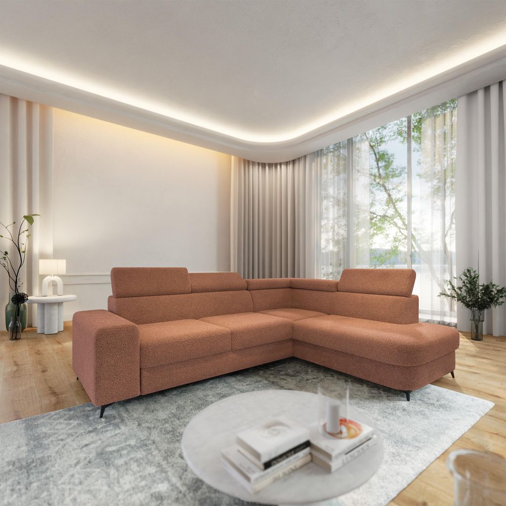 Masseno Ecksofa ALVORO R-S mit Schlaffunktion L-Form, Sofa mit Bettkasten, Wohnzimmersofa, Couch, Soffa, Bettsofa, Couchgarnitur- Orange, QUELLE 54