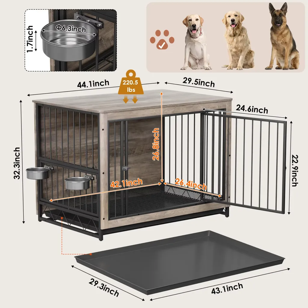 Table d'appoint cage pour chiens intérieure avec écuelles intégrées