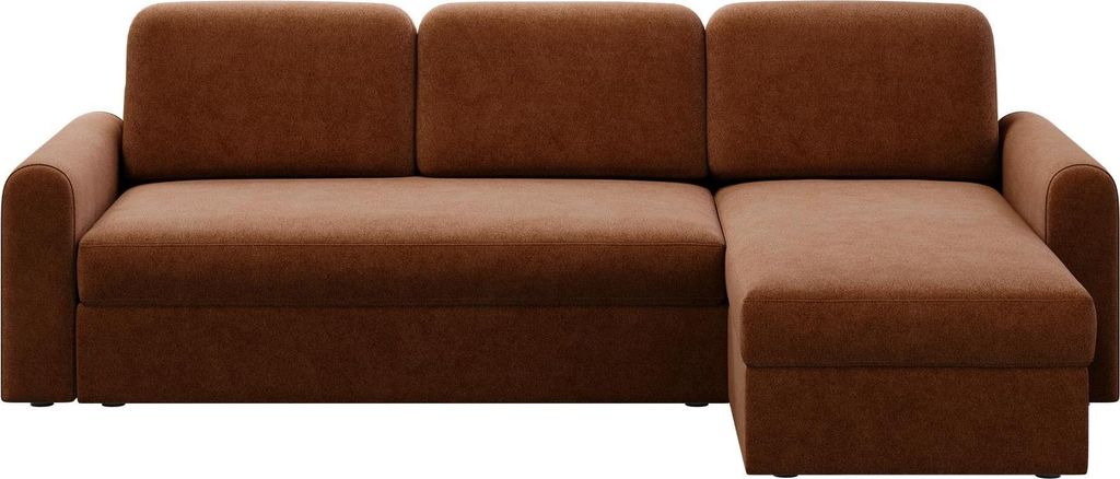 Ecksofa Orveto L-Form mit Schlaffunktion und Bettkasten, abgerundete Formen, Plüschstoff. Variante: Stofffarbe Amon 24, Seite: Universell