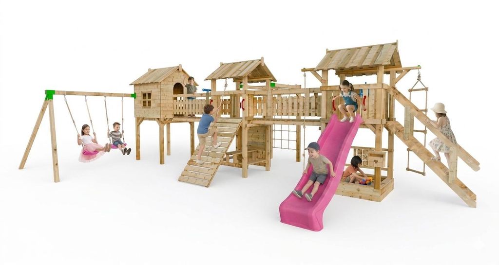 Großer Kinderspielplatz VERGNÜGUNGSLAND mit Spielbereich, Turm, 2x Schaukel, Rutsche und Brücke, PRODUZENT