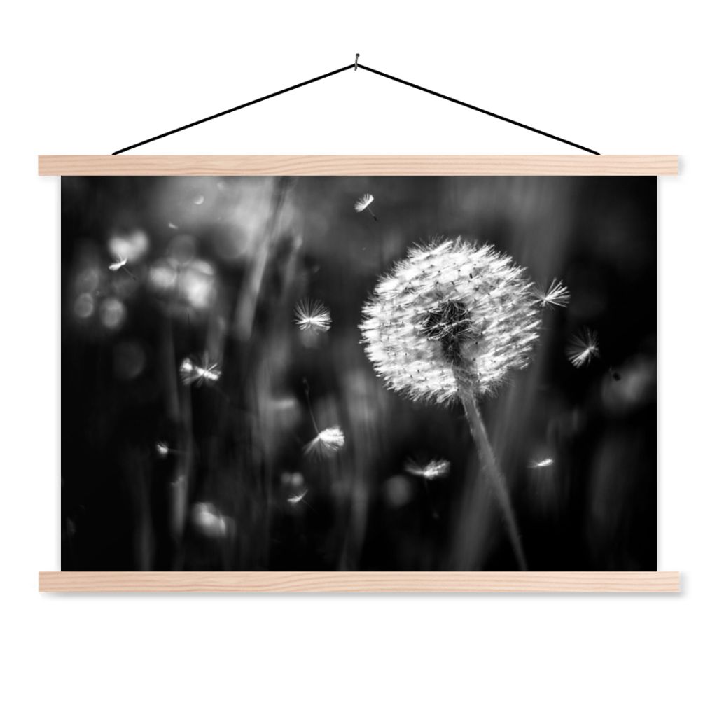 MuchoWow Textilposter Löwenzahn - Schwarz - Weiß - Pflanze 60x40 cm mit holzfarbenen Rahmen - Bilder