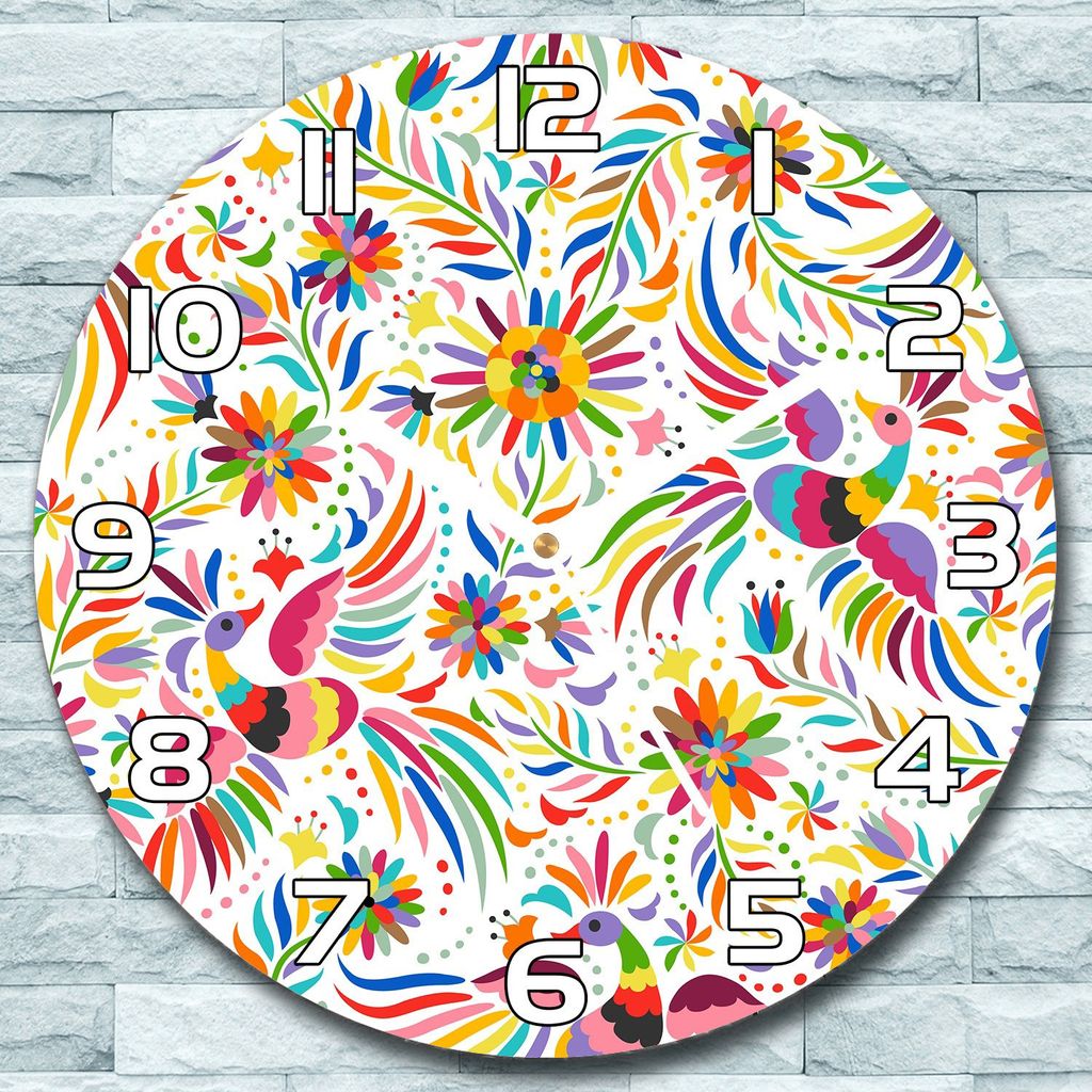 Wanduhr aus Glas Rund fi 30 Mexikanisches Muster bunte Vögel Schlafzimmer Büro