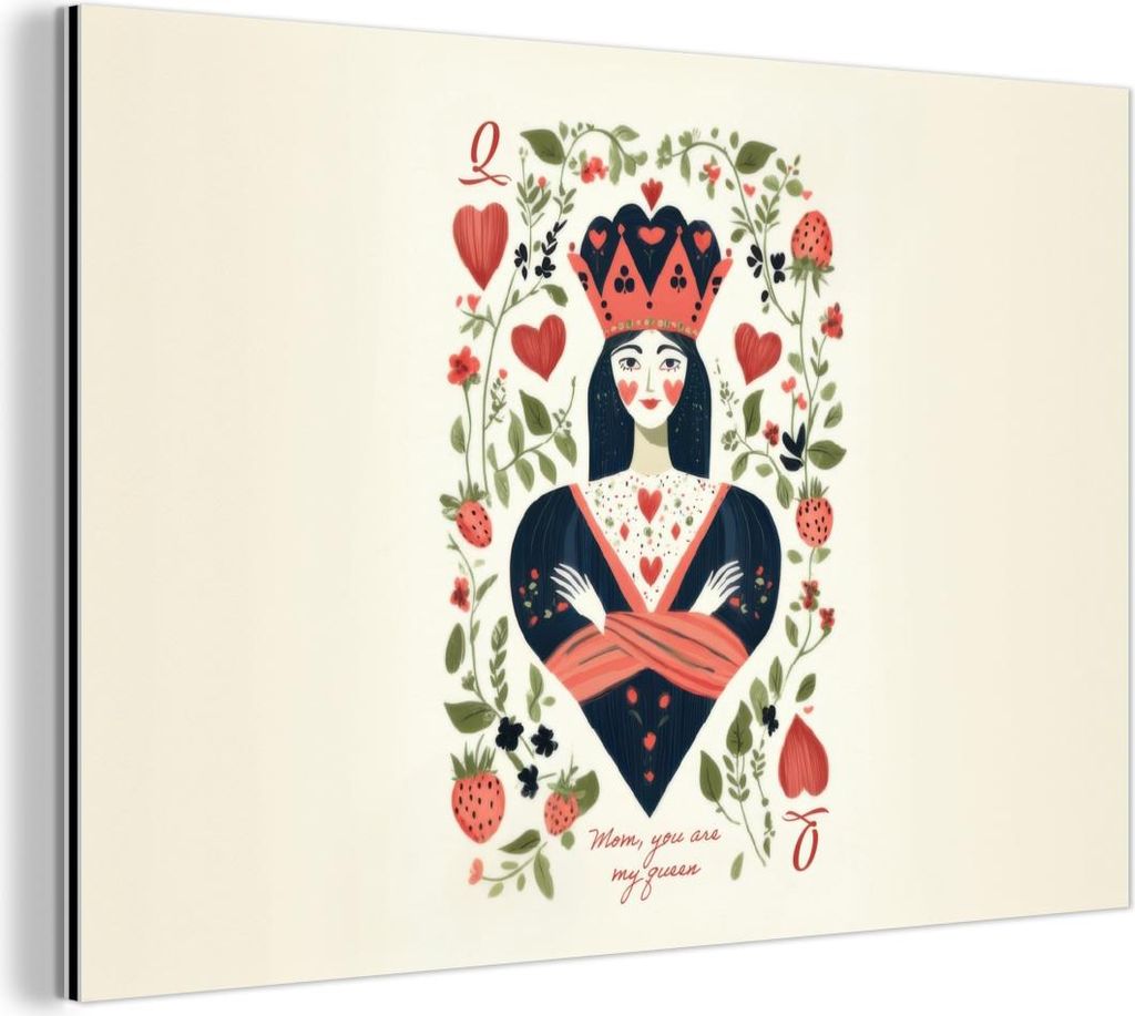 MuchoWow Wanddekoration Metall Metallbild Wandkunst 60x40 cm Spielkarte - Herzkönigin - Blumen - Herzen MuchoWow Aluminium Gemälde - Gemälder
