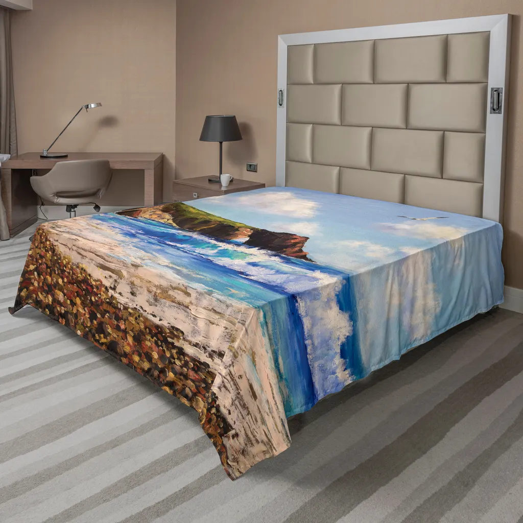 Drap plat décoratif paysage marin et mouette pour grand lit 275cm