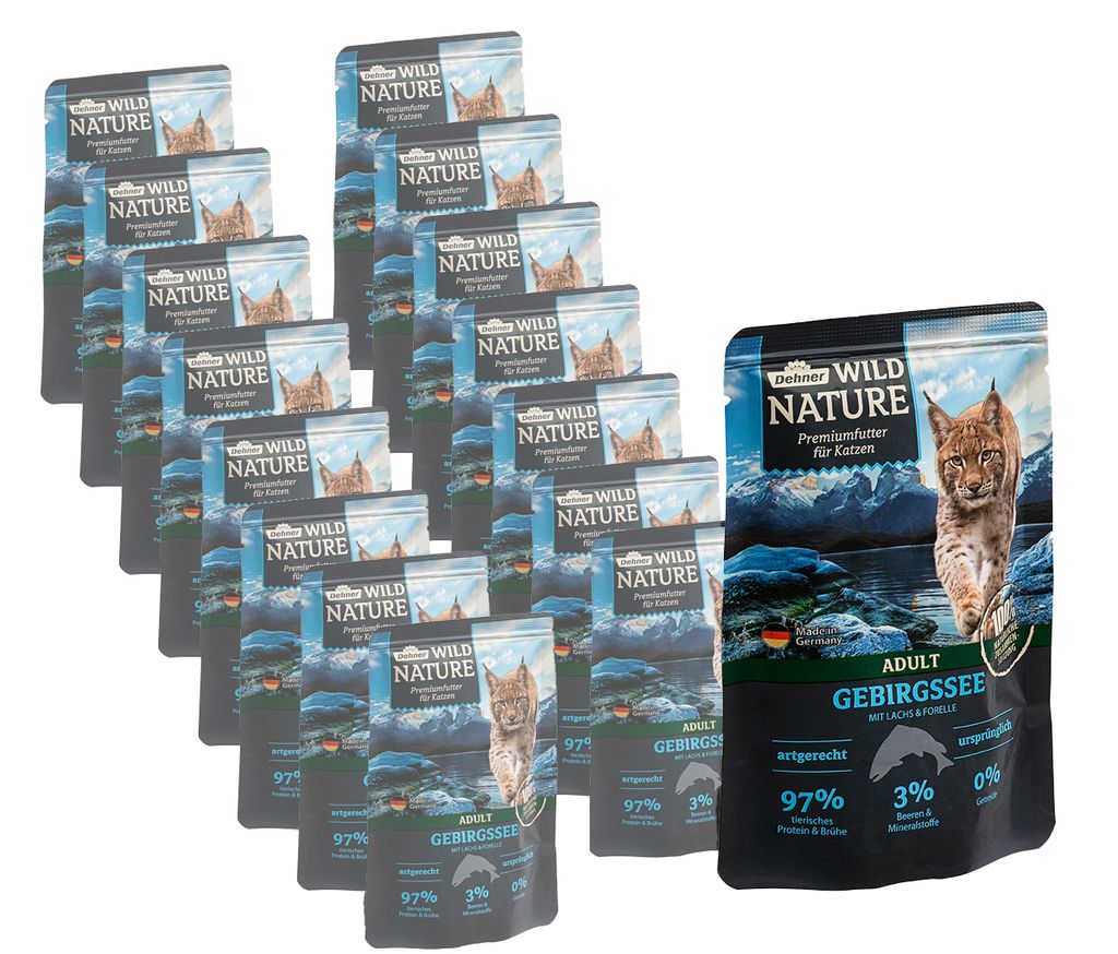 Dehner Wild Nature Katzenfutter Gebirgssee, Nassfutter getreidefrei / zuckerfrei, für ausgewachsene Katzen, Lachs / Forelle, 16 x 85 g Beutel (1.3...