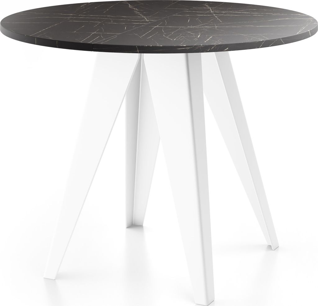 Esstisch Glory Weiß im Industriestil - Moderner, Runder Tisch in Schwarzer Marmoroptik - Ausziehbar von 90 cm bis 130 cm, mit Pulverbeschichteten ...