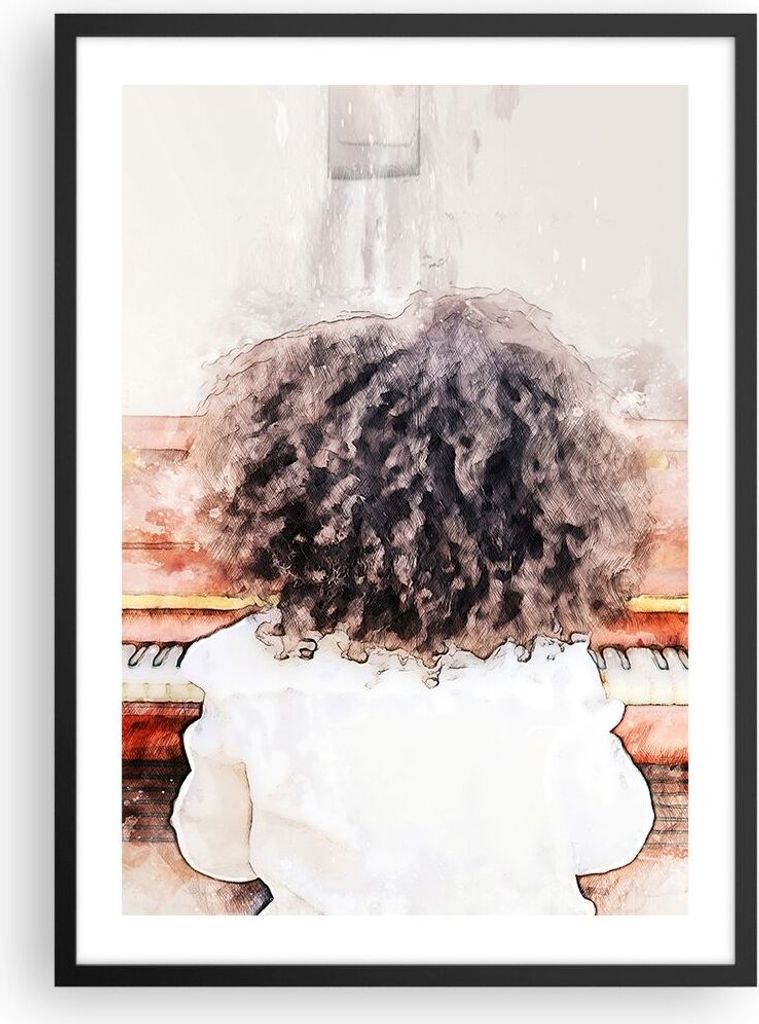 Gerahmtes Poster - Schwarzer Rahmen - Kind Klavier Aquarell - 50x70 cm - Wand Bild - Wanddeko - Wandbilder - Kunstposter - Wandposter - Bilderrahme...