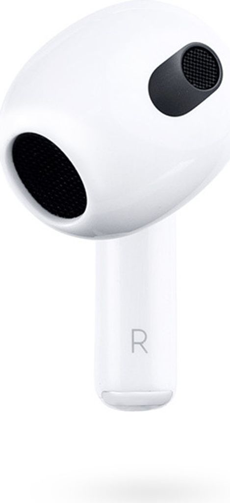 A close-up studio shot of a single white Apple AirPod 3.