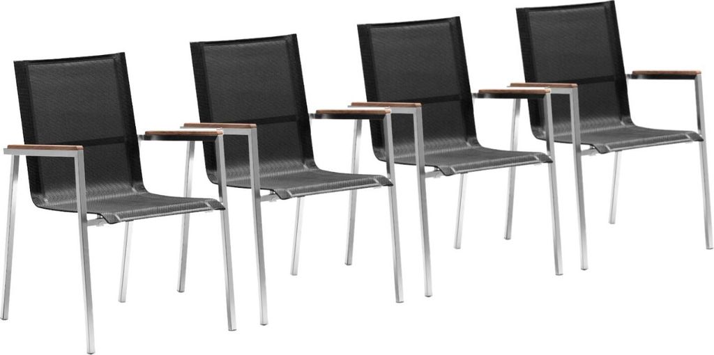 Zelsius 4x Edelstahl Gartenstuhl mit Teak Holz Armlehne, 55 x 56 x 88 cm, Schwarz