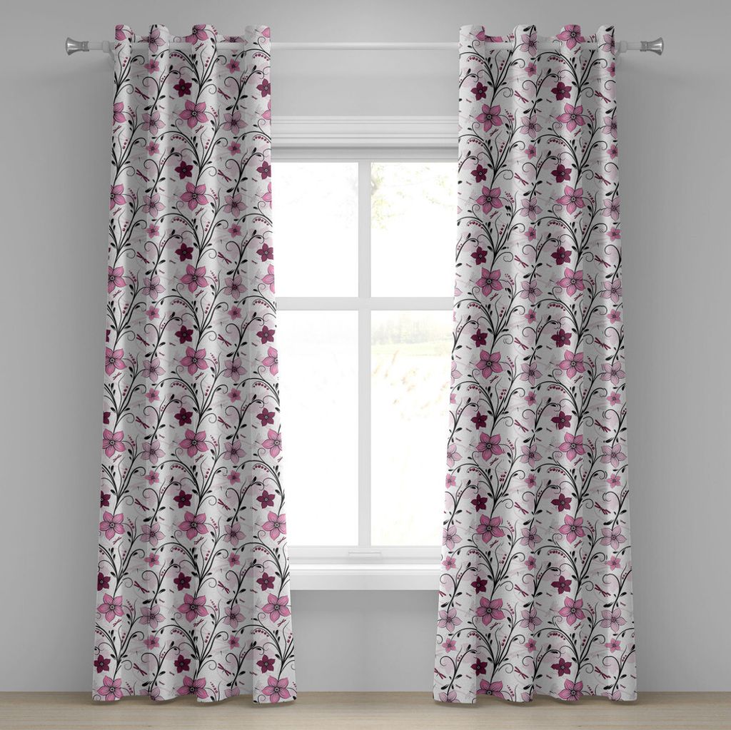 ABAKUHAUS Libelle Ösenvorhang, Shabby Chic Floral wirbelte Blätter und Florets künstlerische Illustration, Dekorative 2-Panel-Fenstervorhänge, ...