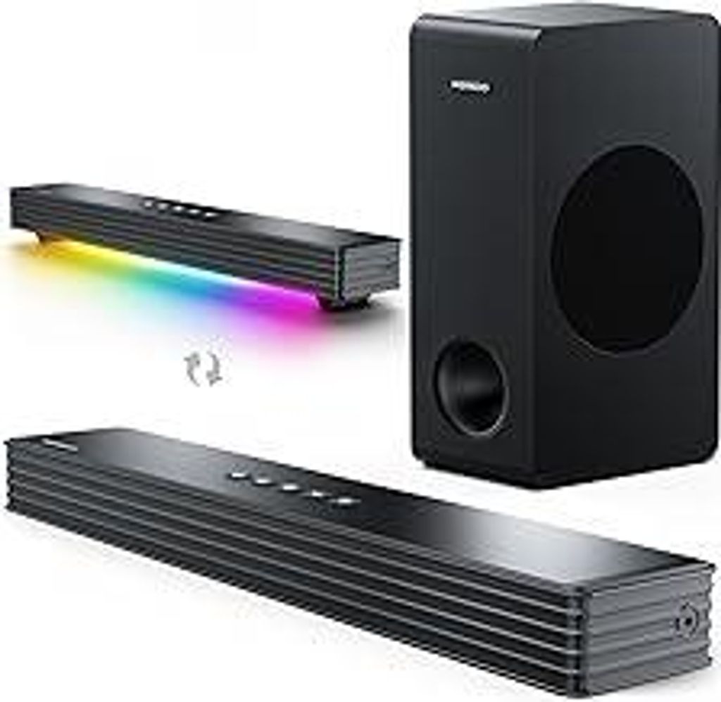 MEREDO Soundbar für TV Geräte mit Subwoofer 3.1 Kanal PC-Gaming Soundbar RGB Audio Sync Licht BT 5.3/HD-ARC/Optisch/AUX/USB TV Computer Lautsprec...