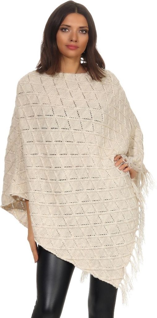 Mississhop Damen Poncho mit Kaschmir und Wolle Hochwertiges Cape XXL Umhängetuch Strick Pullover mit Quasten 3014 Beige