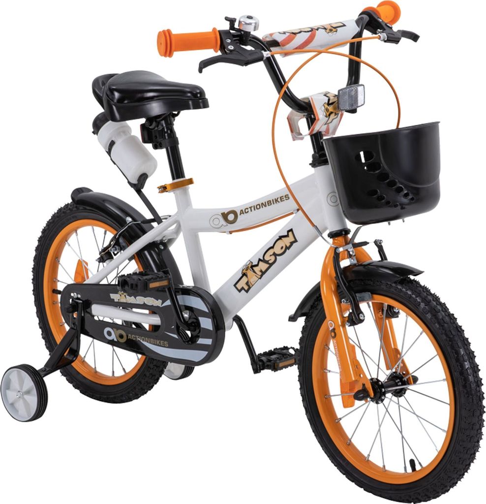 Actionbikes Kinderfahrrad Timson 16 Zoll | Kinder Fahrrad - V-Brake Bremsen - Kettenschutz - Fahrradständer - Fahrradkorb - 4-7 Jahre (Orange/Weiß)