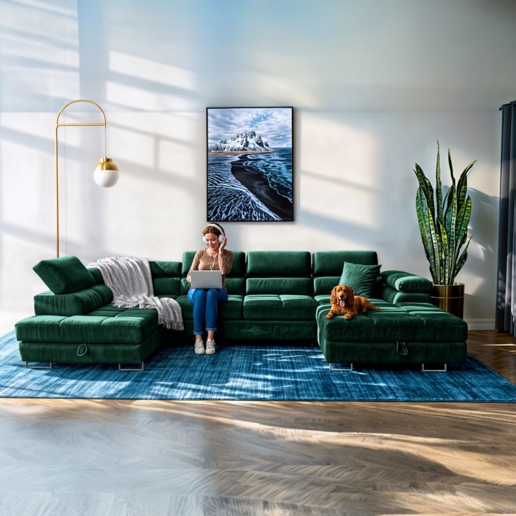 Sofiland Aller XXL U-Form Ecksofa Links mit Schlaffunktion, Couchgarnitur mit 2 Bettkästen, Wohnzimmersofa Grün MONOLITH 37, Sofa, Bettsofa, Couch