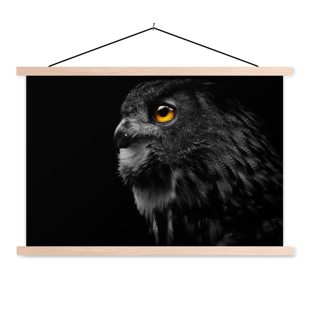 MuchoWow Textilposter Eule - Vogel - Schwarz - Porträt 120x80 cm mit holzfarbenen Rahmen - Aufhängeset