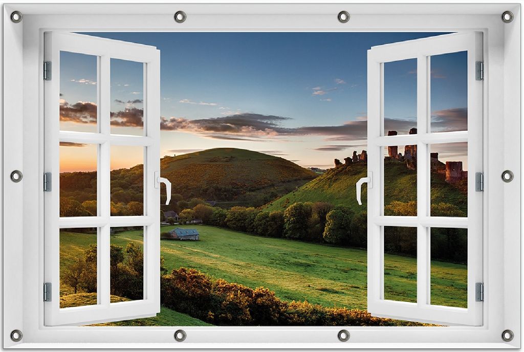 Wallario Outdoor-Poster für Garten oder Balkon 80 x 120 cm: Schlosspanorama in England bei Sonnenaufgang
