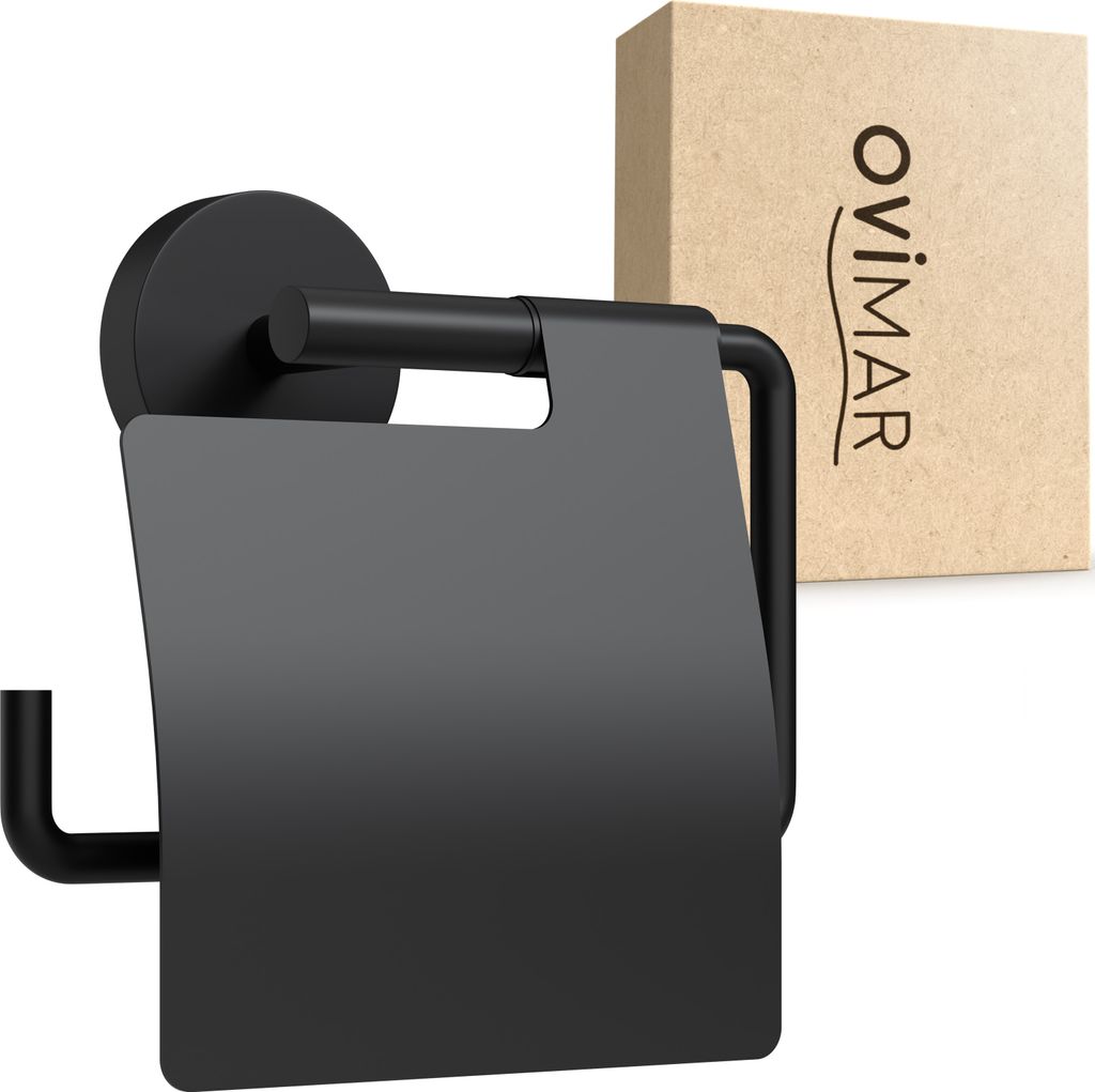 ovimar Toilettenpapierhalter Heroya zum Bohren schwarz | Klorollenhalter selbstklebend in Edelstahl | Klorollenhalter mit Deckel | WC Rollenhalter ...