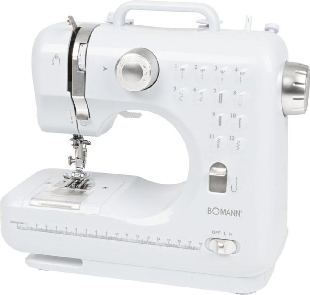 A white sewing machine on a white background.