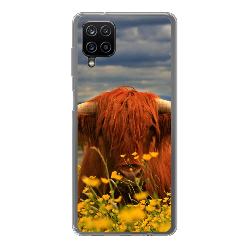 MuchoWow Handyhülle Schutzhülle Hülle für Samsung Galaxy A12 Schottischer Highlander - Tiere - Blumen Silikon Softcase Handy Hülle - Bild