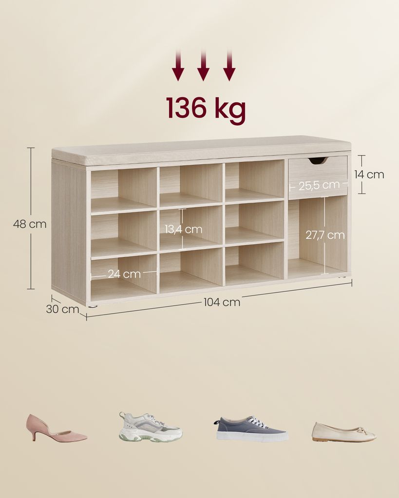 A product image showing a shoe rack with dimensions and different shoe examples at the bottom.
