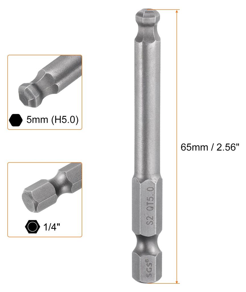 5 Stš¹ck 5mm (H5,0) Kugelkopf Innensechskant Bit Set, 1/4 Zoll Sechskantschaft 65mm Lang Magnetische Industriestahl S2 Stahl Schraubendreher Bits...
