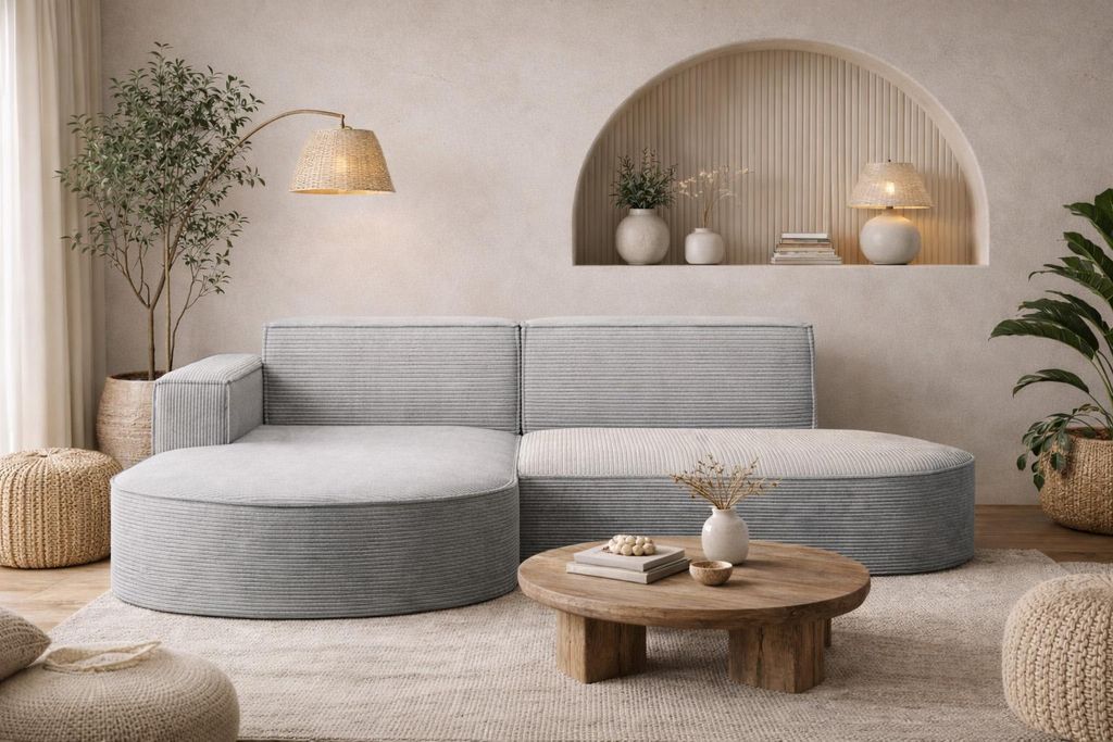 Kaiser Möbel Ecksofa mit runden Abschlüssen aus Cordstoff – Produktbild 