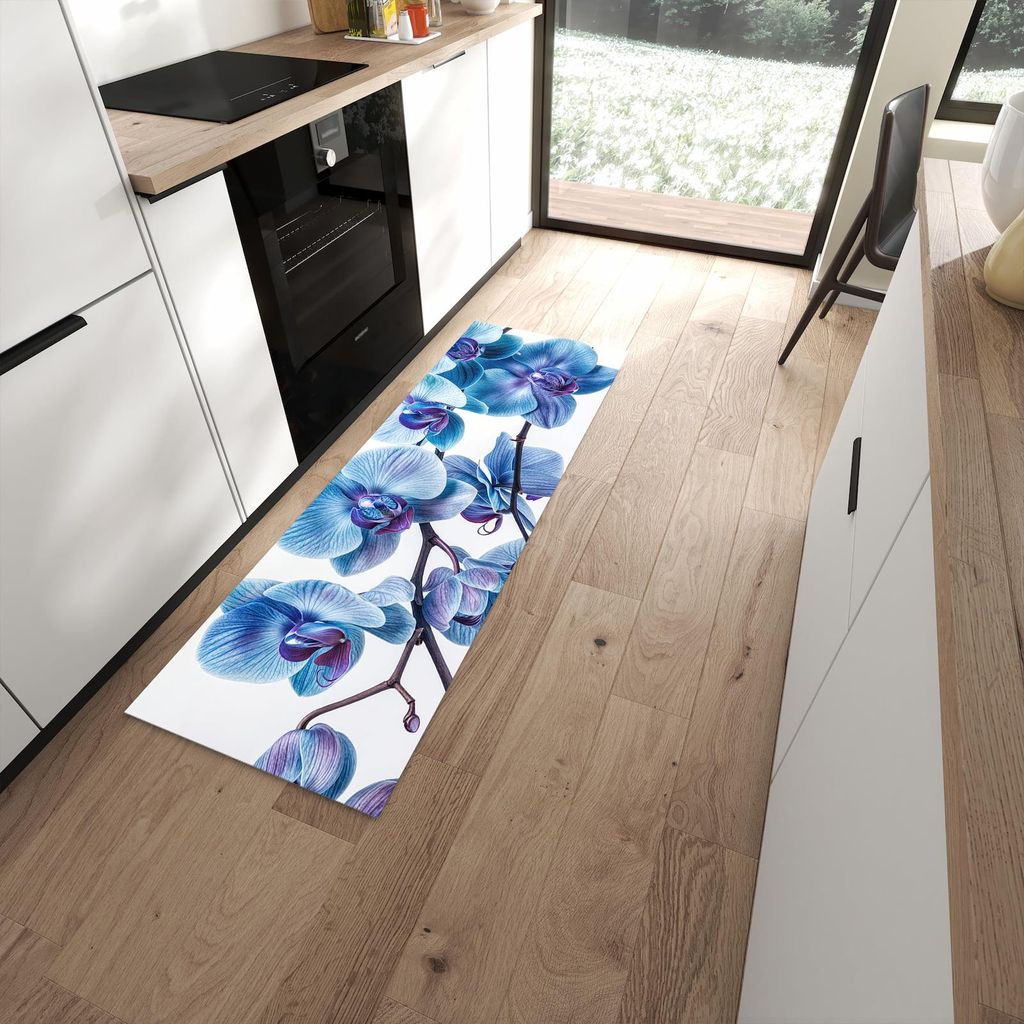 Küchenteppich 60x180cm rutschfest & abwischbar PVC Läufer - Blaue Orchideen Blüte