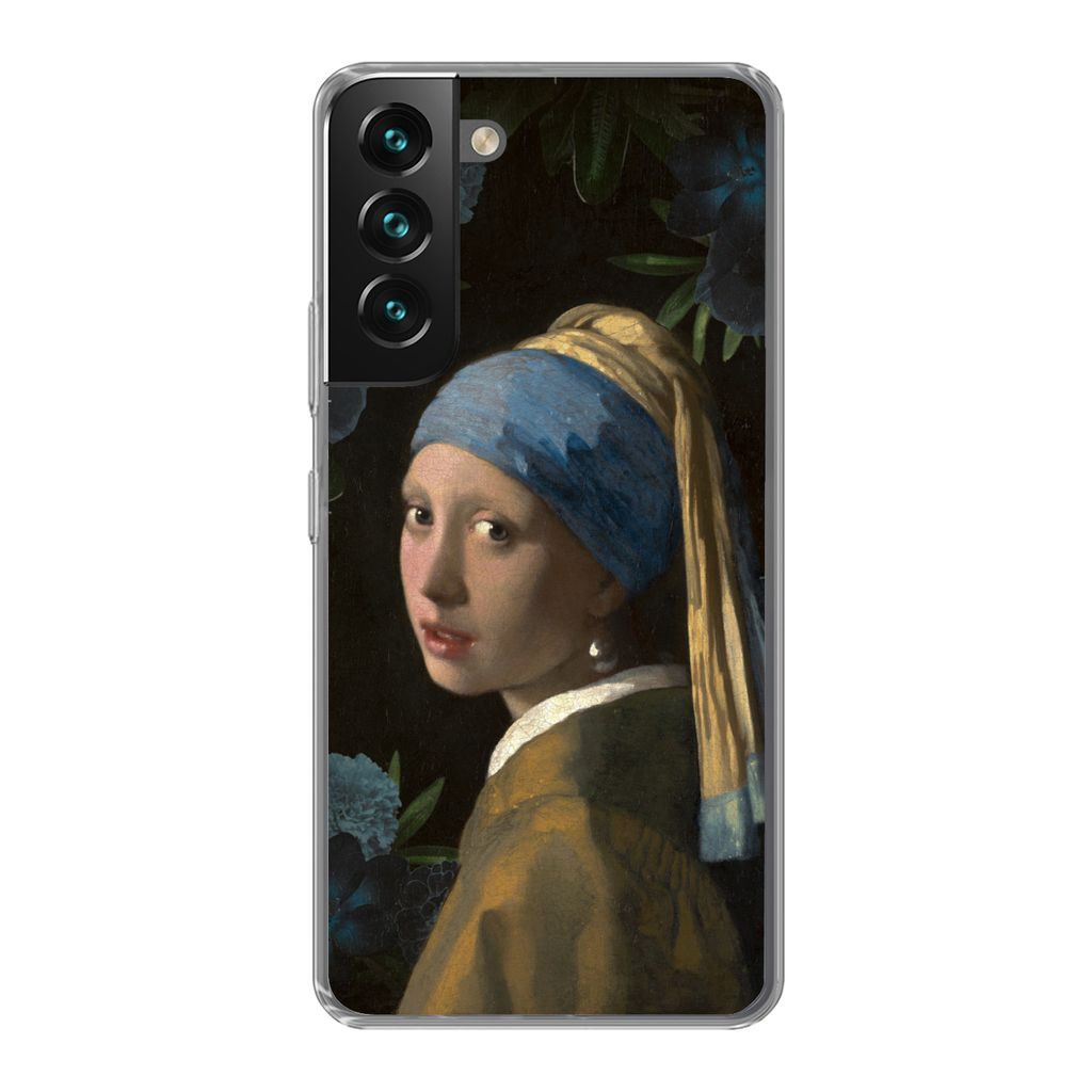 MuchoWow Handyhülle Schutzhülle Hülle für Samsung Galaxy S22 Plus Mädchen mit einem Perlenohrring - Blumen - Blau Silikon Softcase Handy Hü...