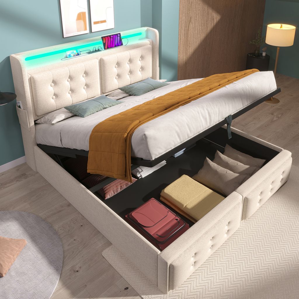 STILVORA Polsterbett 140x200cm Hydraulische Jugendbett mit Stauraum,Einzelbett mit Led-Kopfteil und USB C Ladefunktion,Lattenrost,Beige(Ohne Matratze)